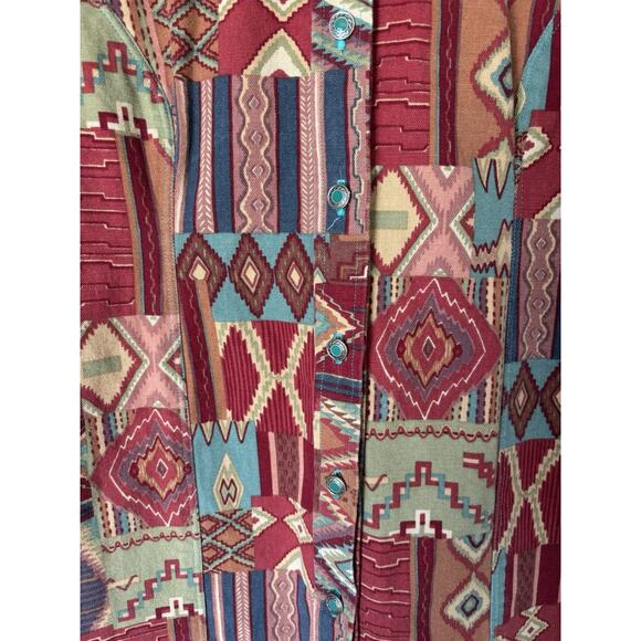 Bohemian Western Dress Medium Aztec Print Handmade Button Knee Short Sleeve Red - Picture 2 of 10